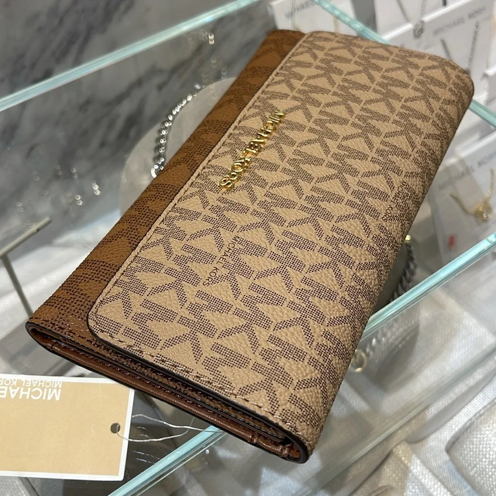 Michael Kors Jet Set Large Signature Logo Tri-Fold Wallet Camel Multi NWT